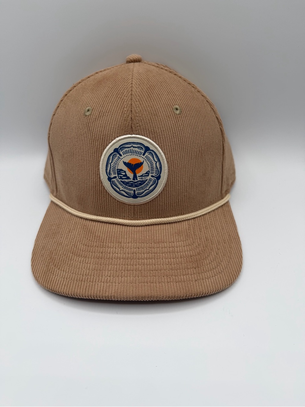Hey Dude Tan Corduroy Cap with Navy & Orange Patch
